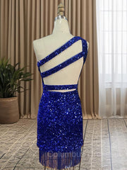 Prom Dress Near Me, Sheath/Column One-Shoulder Short/Mini Velvet Sequins Homecoming Dresses
