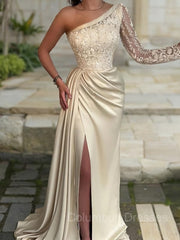 Modest Prom Dress, Sheath/Column One-Shoulder Sweep Train Elastic Woven Satin Prom Dresses With Leg Slit