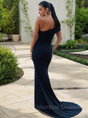 Black Dress Outfit, Sheath/Column One-Shoulder Sweep Train Jersey Prom Dresses With Leg Slit