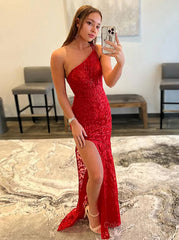 Homecoming Dresses 32 Year Old, Sheath/Column One-Shoulder Sweep Train Lace Evening Dresses With Leg Slit