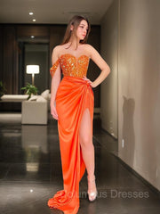 Prom Dresses Designer, Sheath/Column One-Shoulder Sweep Train Elastic Woven Satin Prom Dresses With Leg Slit