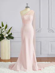 2043 Prom Dress, Sheath/Column One-Shoulder Sweep Train Stretch Crepe Bridesmaid Dresses