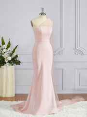 Corset Dress, Sheath/Column One-Shoulder Sweep Train Stretch Crepe Bridesmaid Dresses