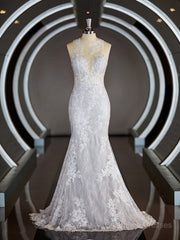 Wedding Dresses Top, Sheath/Column Scoop Court Train Lace Wedding Dresses with Appliques Lace