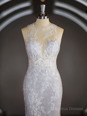 Wedding Dress Tops, Sheath/Column Scoop Court Train Lace Wedding Dresses with Appliques Lace