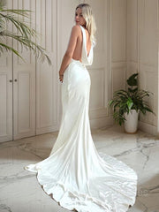 Wedding Dresses Lace A Line, Sheath/Column Scoop Court Train Silk like Satin Wedding Dresses