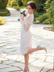 Wedding Dresses Casual, Sheath/Column Scoop Tea-Length Lace Wedding Dress