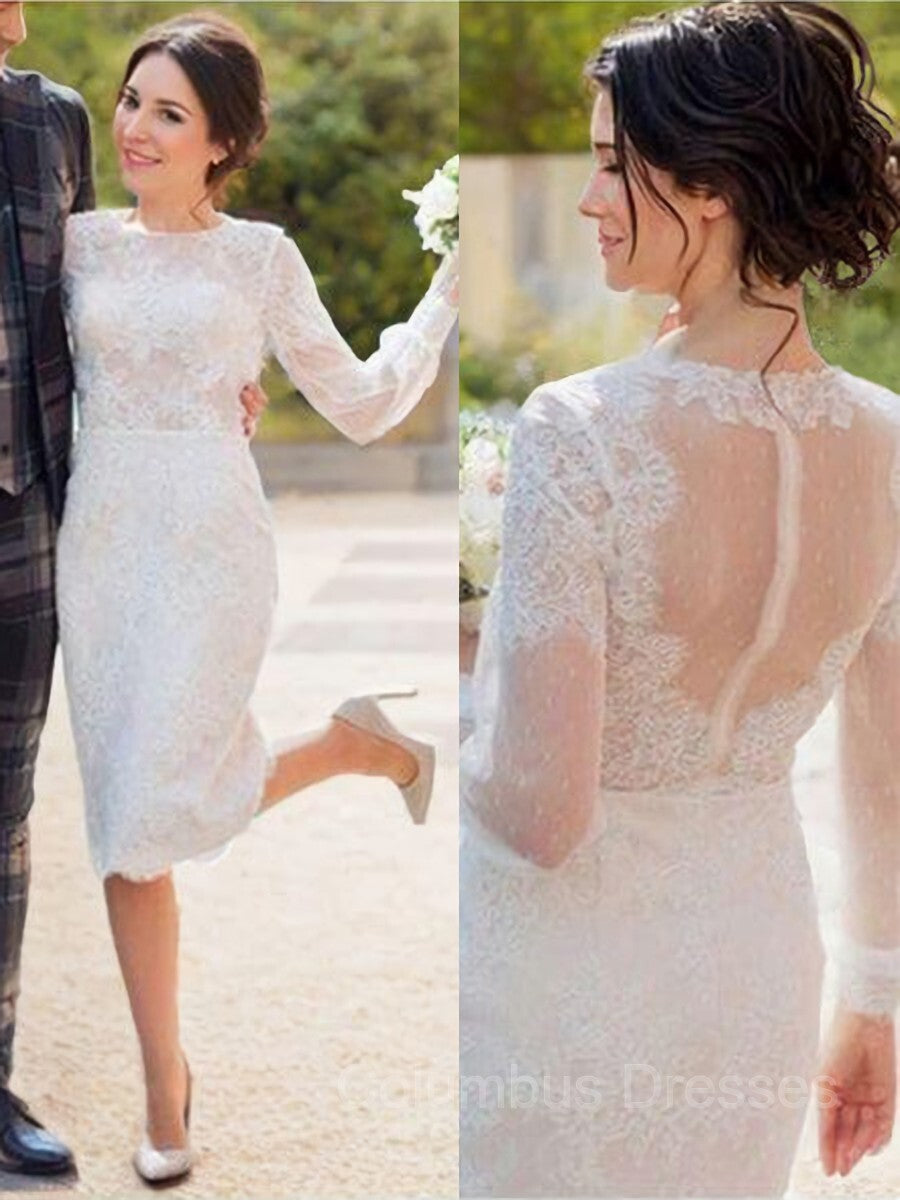 Wedding Dress Sexy, Sheath/Column Scoop Tea-Length Lace Wedding Dress