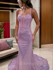 Evening Dress For Sale, Sheath/Column Spaghetti Straps Court Train Sequins Prom Dresses