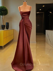 Bridesmaid Dress Idea, Sheath/Column Spaghetti Straps Floor-Length Elastic Woven Satin Prom Dresses With Ruffles