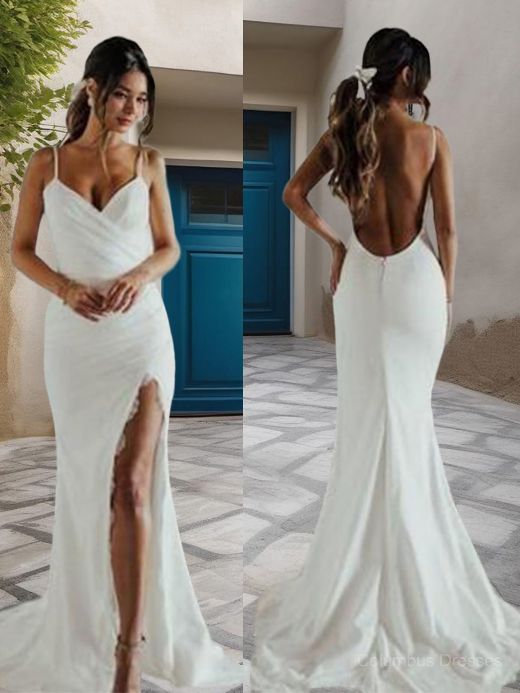 Wedding Dresses Simple, Sheath/Column Spaghetti Straps Sweep Train Jersey Wedding Dresses