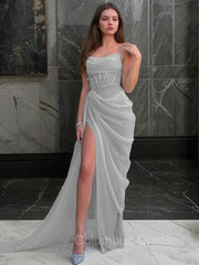 Evening Dresses For Party, Sheath/Column Spaghetti Straps Sweep Train Organza Prom Dresses With Leg Slit