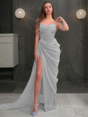 Evening Dress For Party, Sheath/Column Spaghetti Straps Sweep Train Organza Prom Dresses With Leg Slit