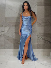 Prom Dresses 2042 Black, Sheath/Column Spaghetti Straps Sweep Train Silk like Satin Prom Dresses With Leg Slit