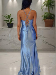 Prom Dresses Dark Blue, Sheath/Column Spaghetti Straps Sweep Train Silk like Satin Prom Dresses With Leg Slit