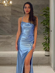 Prom Dress Navy, Sheath/Column Spaghetti Straps Sweep Train Silk like Satin Prom Dresses With Leg Slit