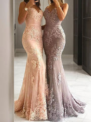 Party Dress On Line, Sheath/Column Spaghetti Straps Sweep Train Tulle Evening Dresses With Appliques Lace
