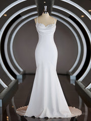 Weddings Dress Long Sleeve, Sheath/Column Square Court Train Stretch Crepe Wedding Dresses with Ruffles