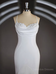 Wedding Dress Long Sleeves, Sheath/Column Square Court Train Stretch Crepe Wedding Dresses with Ruffles