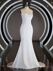 Wedding Dress Long Sleeved, Sheath/Column Square Court Train Stretch Crepe Wedding Dresses with Ruffles