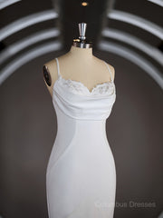Wedding Dress Simple Elegant, Sheath/Column Square Court Train Stretch Crepe Wedding Dresses with Ruffles