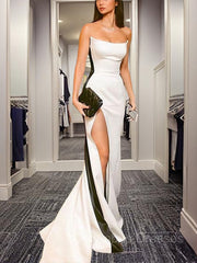 Prom Dresses 2033, Sheath/Column Strapless Court Train Elastic Woven Satin Prom Dresses With Leg Slit