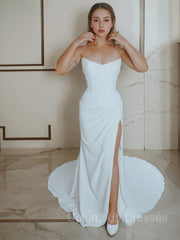 Wedding Dresses With Straps, Sheath/Column Strapless Court Train Stretch Crepe Wedding Dresses With Leg Slit