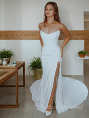 Wedding Dresses Lace Tulle, Sheath/Column Strapless Court Train Stretch Crepe Wedding Dresses With Leg Slit