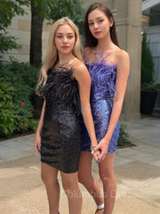 Homecoming Dresses Websites, Sheath/Column Strapless Short/Mini Sequins Homecoming Dresses With Feather