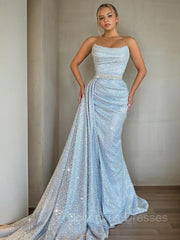 Party Dress Reception Wedding, Sheath/Column Strapless Sweep Train Prom Dresses With Ruffles