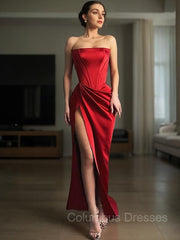 Bridesmaid Dresses Design, Sheath/Column Strapless Sweep Train Satin Prom Dresses With Leg Slit
