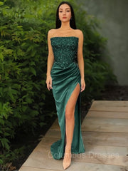 Party Dress Shiny, Sheath/Column Strapless Sweep Train Sequins Prom Dresses With Leg Slit