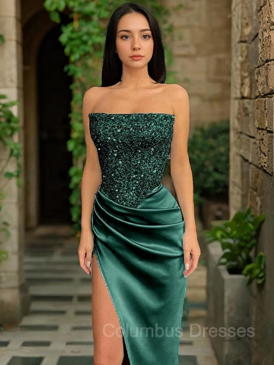 Party Dresses For Girls, Sheath/Column Strapless Sweep Train Sequins Prom Dresses With Leg Slit