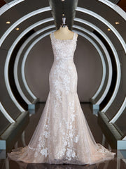 Wedding Dress Cost, Sheath/Column Straps Sweep Train Lace Wedding Dresses with Appliques Lace