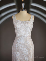 Wedding Dresses Costs, Sheath/Column Straps Sweep Train Lace Wedding Dresses with Appliques Lace