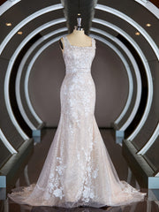 Wedding Dress Costs, Sheath/Column Straps Sweep Train Lace Wedding Dresses with Appliques Lace