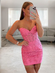 Prom Dresses Sites, Sheath/Column Sweetheart Short/Mini Tulle Homecoming Dresses With Appliques Lace
