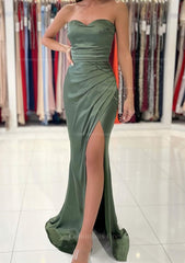 Prom Dresses With Sleeves, Sheath/Column Sweetheart Sleeveless Charmeuse Long/Floor-Length Prom Dress With Pleated Split