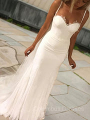 Wedding Dress Fit, Sheath/Column Sweetheart Sweep Train Lace Wedding Dresses