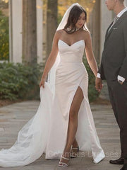 Wedding Dresses For Dancing, Sheath/Column Sweetheart Sweep Train Satin Wedding Dresses With Leg Slit