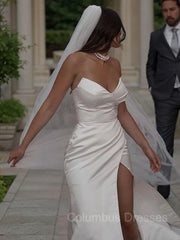 Wedding Dresses Under, Sheath/Column Sweetheart Sweep Train Satin Wedding Dresses With Leg Slit