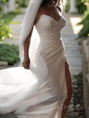 Wedding Dress Sleeve, Sheath/Column Sweetheart Sweep Train Satin Wedding Dresses With Leg Slit