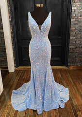 Evening Dresses Prom Long, Sheath/Column Trumpet/Mermaid V Neck Sleeveless Velvet Sequins Sweep Train Prom Dress