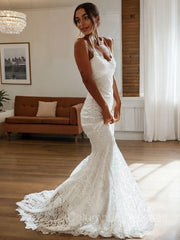 Wedding Dress Shopping Outfits, Sheath/Column V-neck Court Train Lace Wedding Dresses