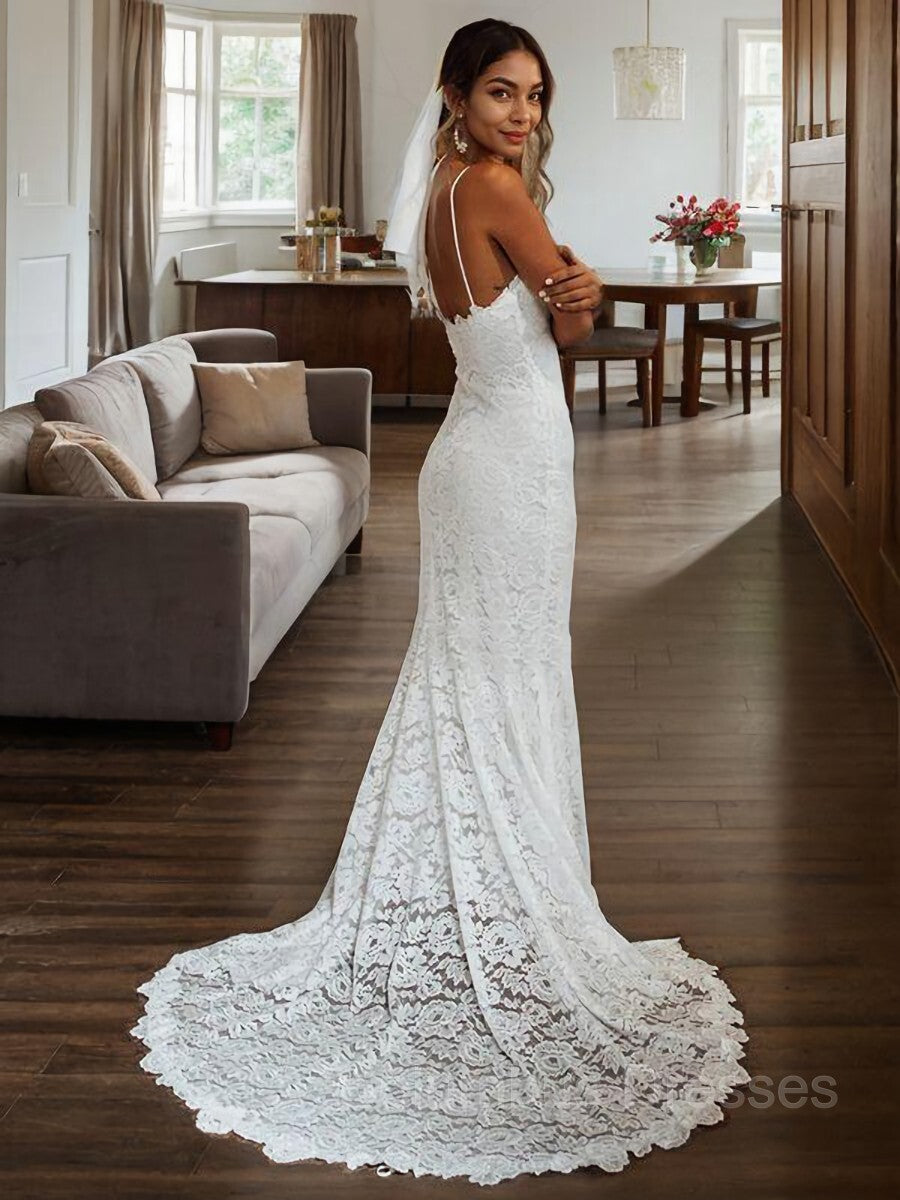 Wedding Dresses Elegant Classy, Sheath/Column V-neck Court Train Lace Wedding Dresses
