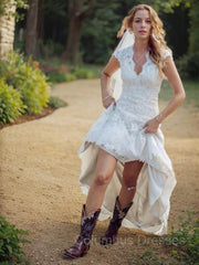 Wedding Dresses Classy, Sheath/Column V-neck Court Train Lace Wedding Dresses With Appliques Lace