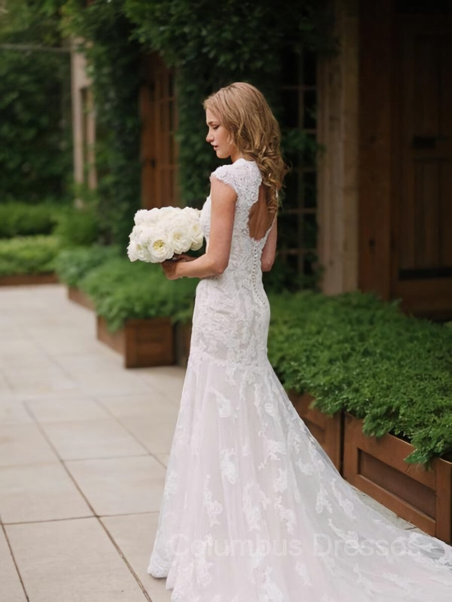 Wedding Dress Cost, Sheath/Column V-neck Court Train Lace Wedding Dresses With Appliques Lace