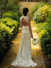 Wedding Dress With Lace, Sheath/Column V-neck Court Train Lace Wedding Dresses With Belt/Sash