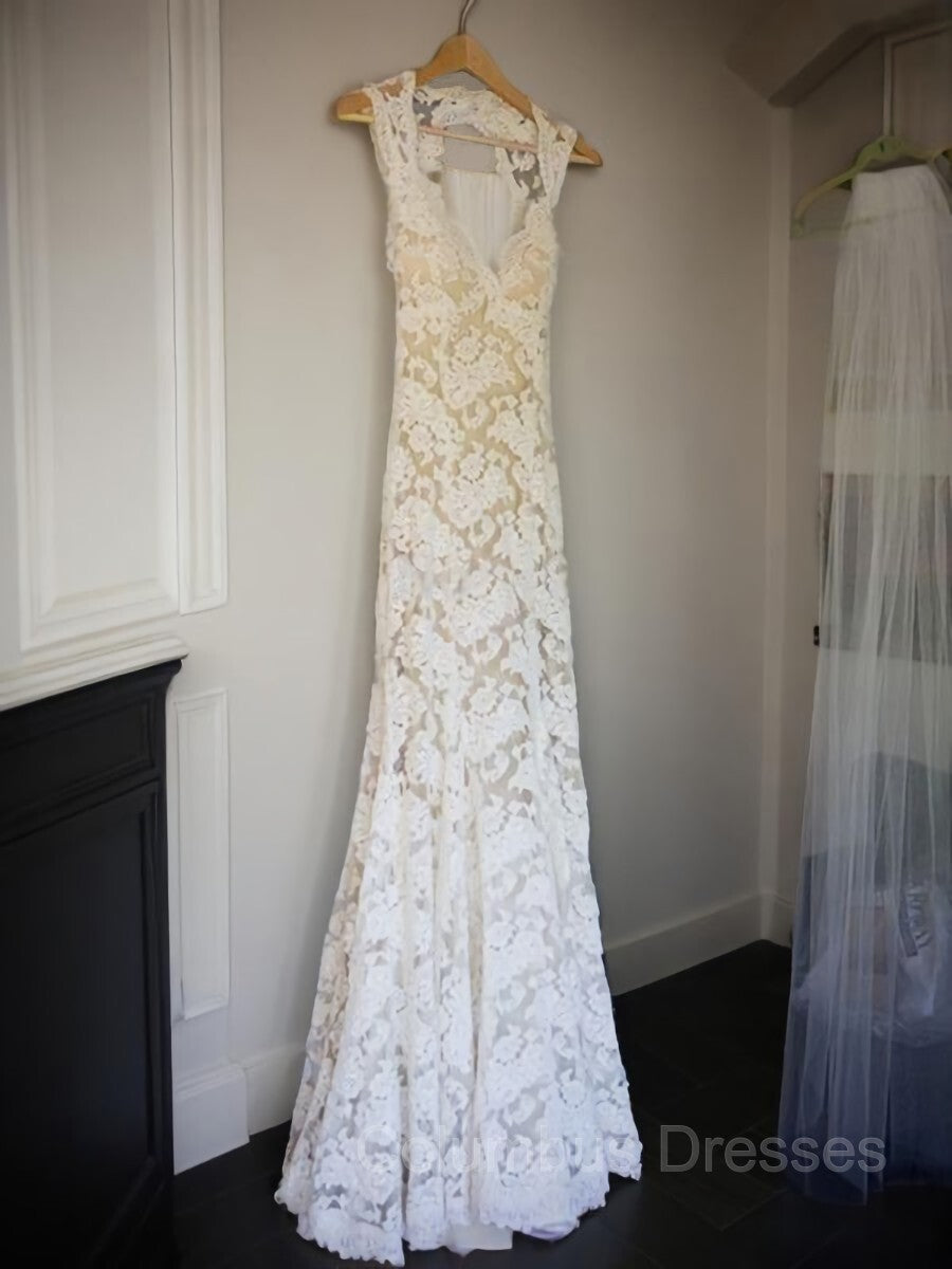 Wedding Dress With Lacing, Sheath/Column V-neck Court Train Lace Wedding Dresses With Belt/Sash