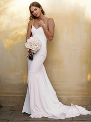Wedding Dresses With Sleeve, Sheath/Column V-neck Court Train Stretch Crepe Wedding Dresses